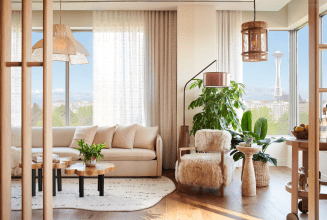 Living area with view of the Space Needle