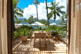 Poolside terrace view of 1 Hotel Hanalei Bay guest room